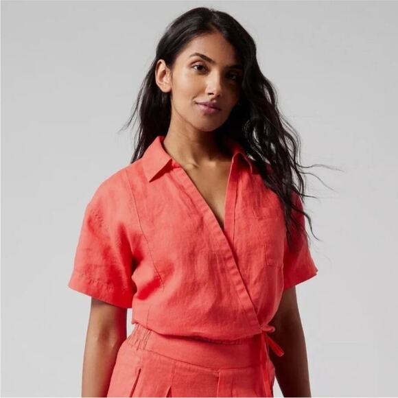 Athleta playa tie top NWT linen dark coral color size 1X short sleeve women’s - Picture 1 of 10